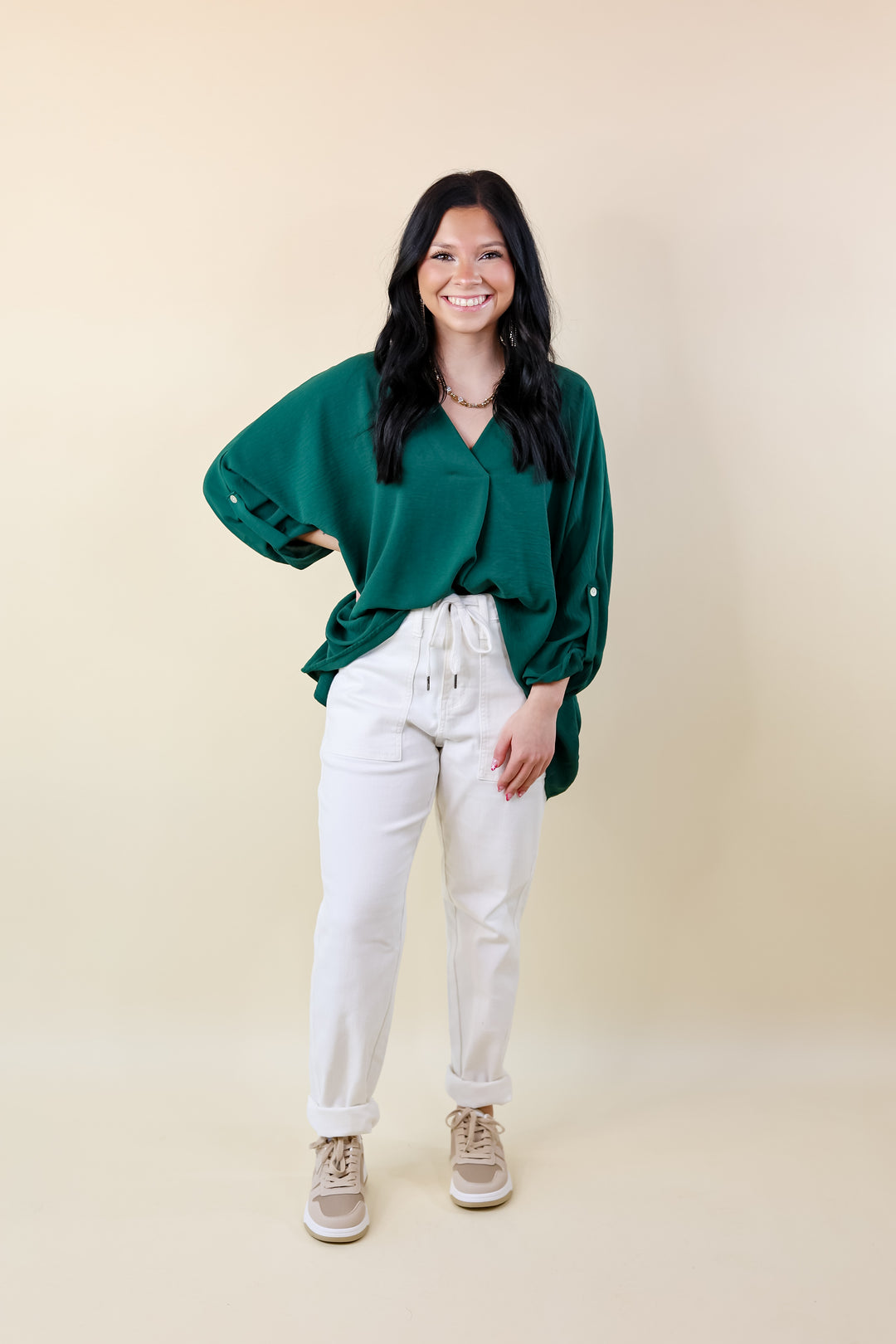 Weekend Out V Neck Placket 3/4 Sleeve Top in Emerald Green - Giddy Up Glamour Boutique