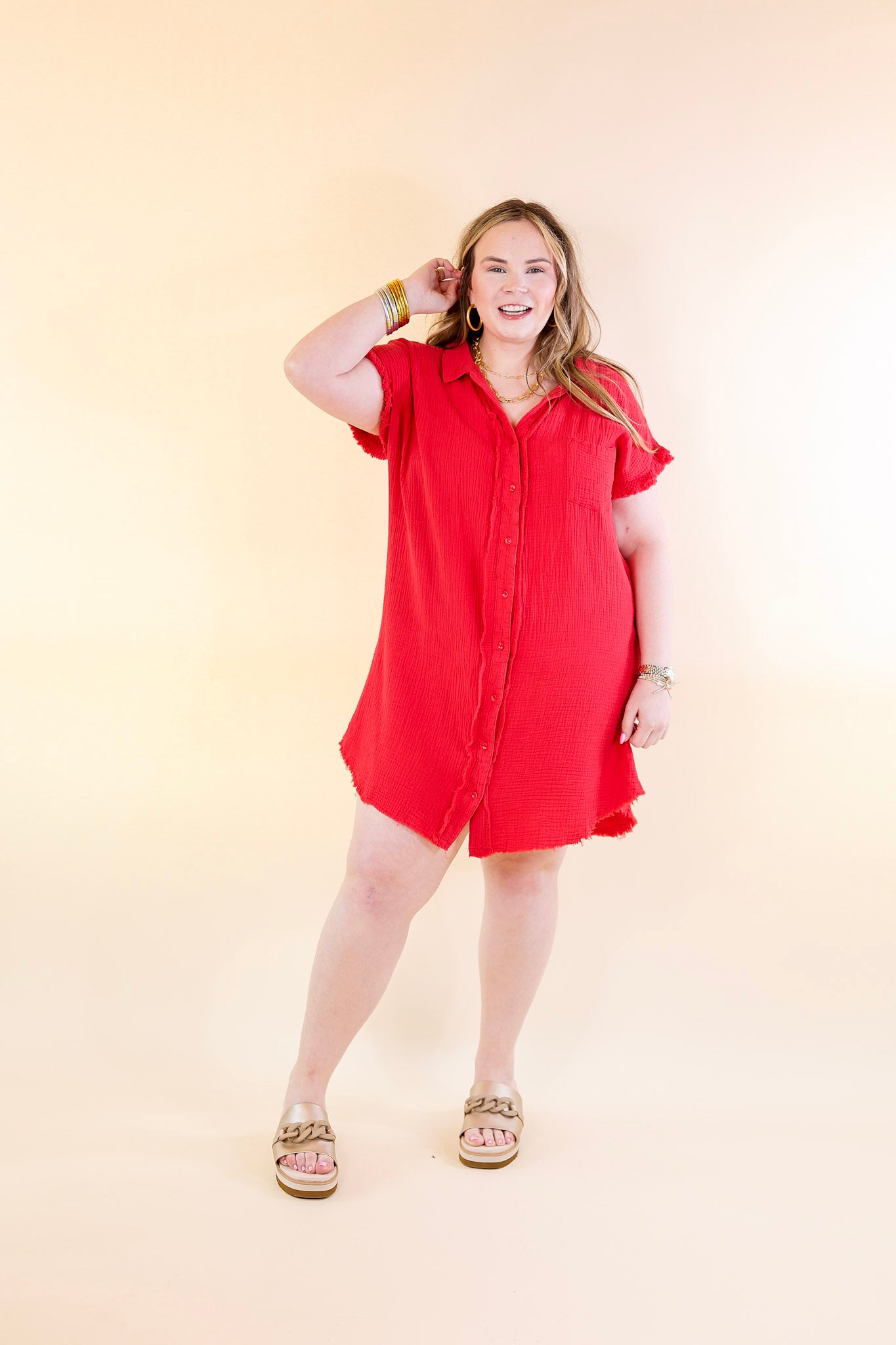 Spring Glow Button Up Raw Hem Dress in Red