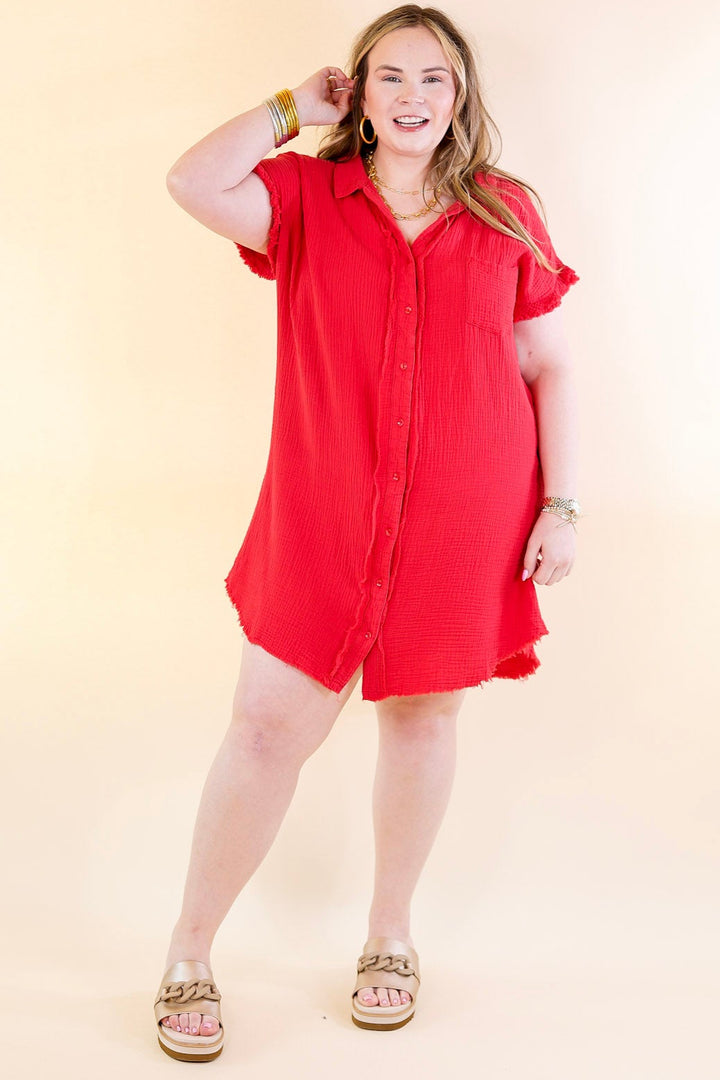 Spring Glow Button Up Raw Hem Dress in Red