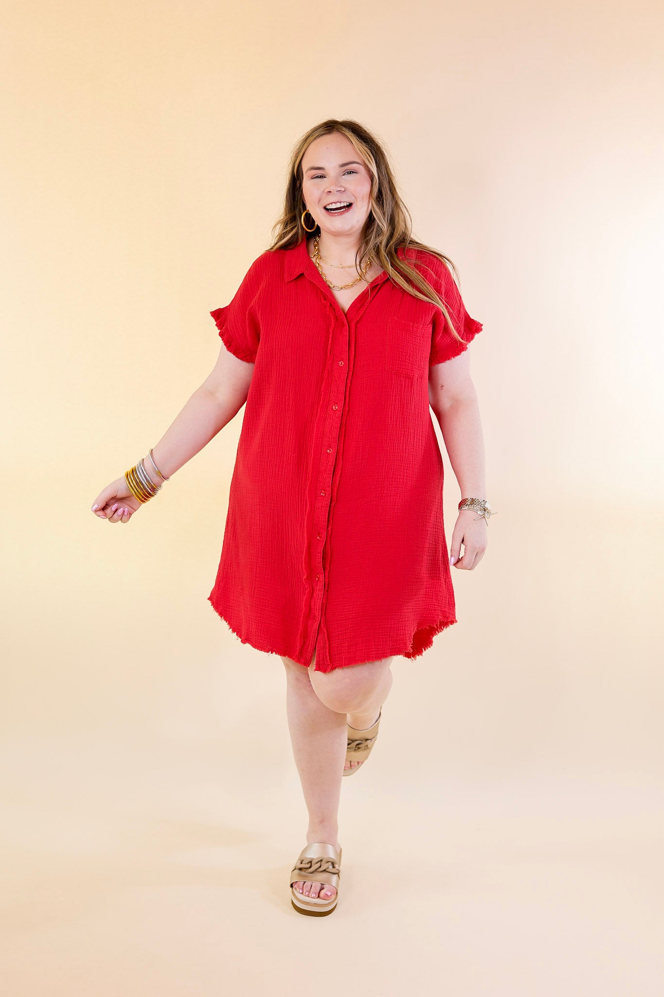 Spring Glow Button Up Raw Hem Dress in Red