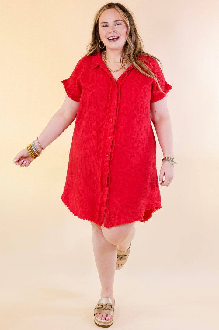 Spring Glow Button Up Raw Hem Dress in Red