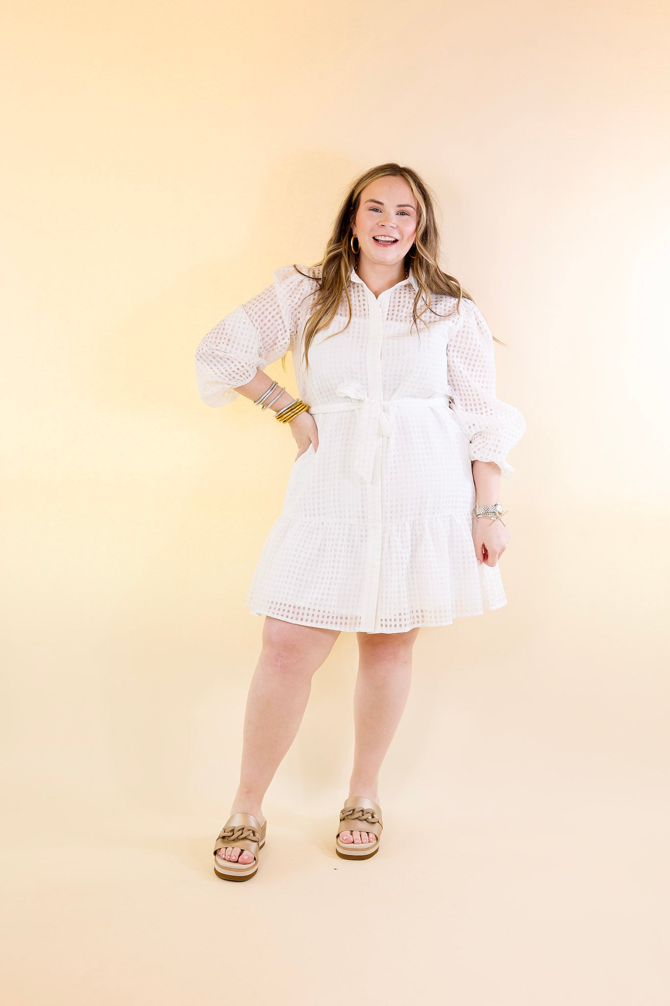 Fresh Air Sheer Gingham Print Button Up Dress in Ivory