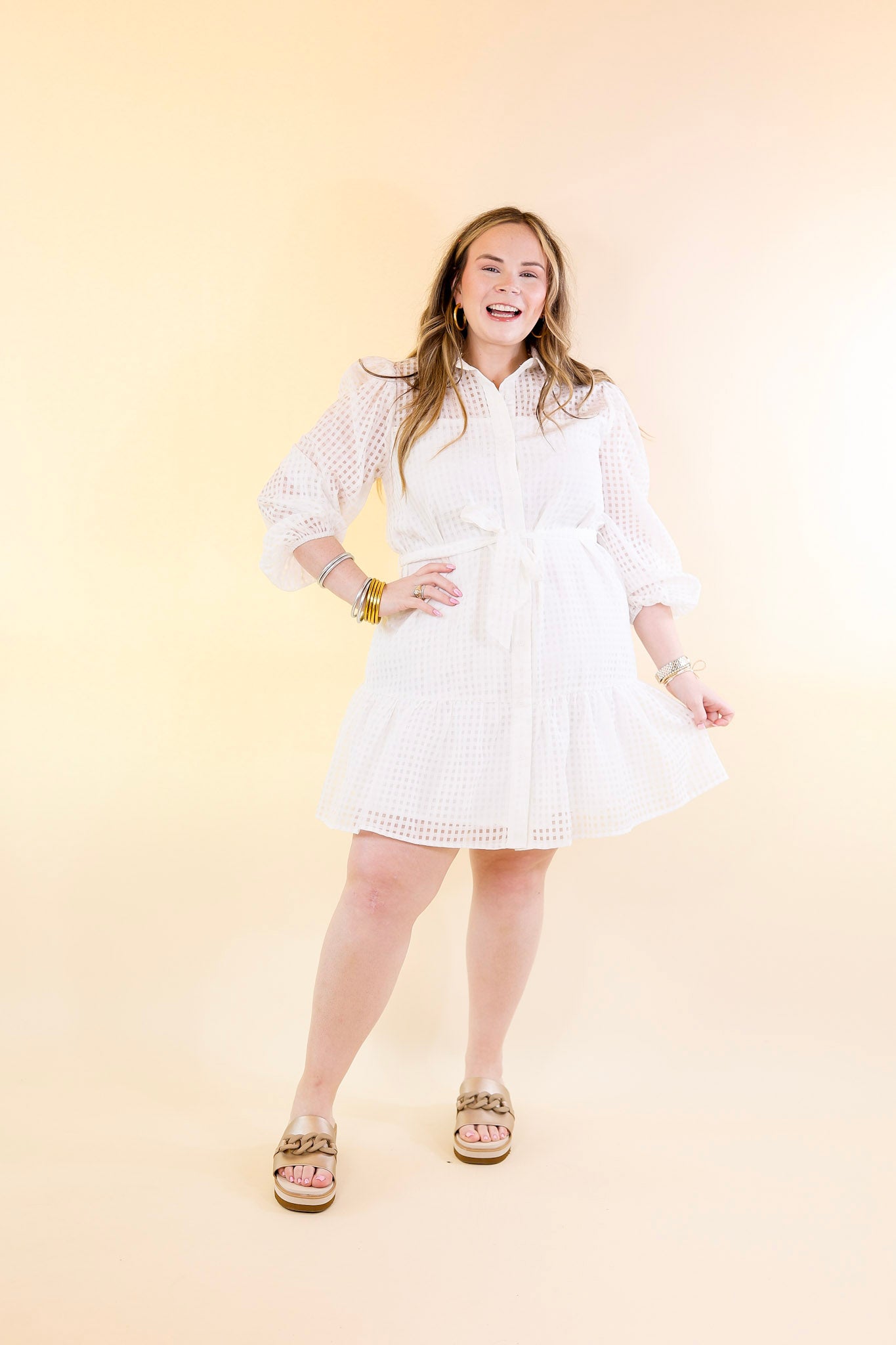 Fresh Air Sheer Gingham Print Button Up Dress in Ivory