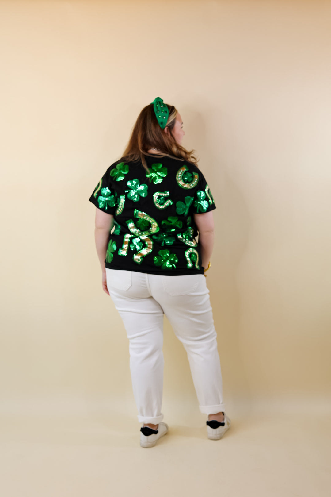 Queen Of Sparkles | Lucky Charm Fully Sequined Clover and Horseshoe Tee in Black - Giddy Up Glamour Boutique