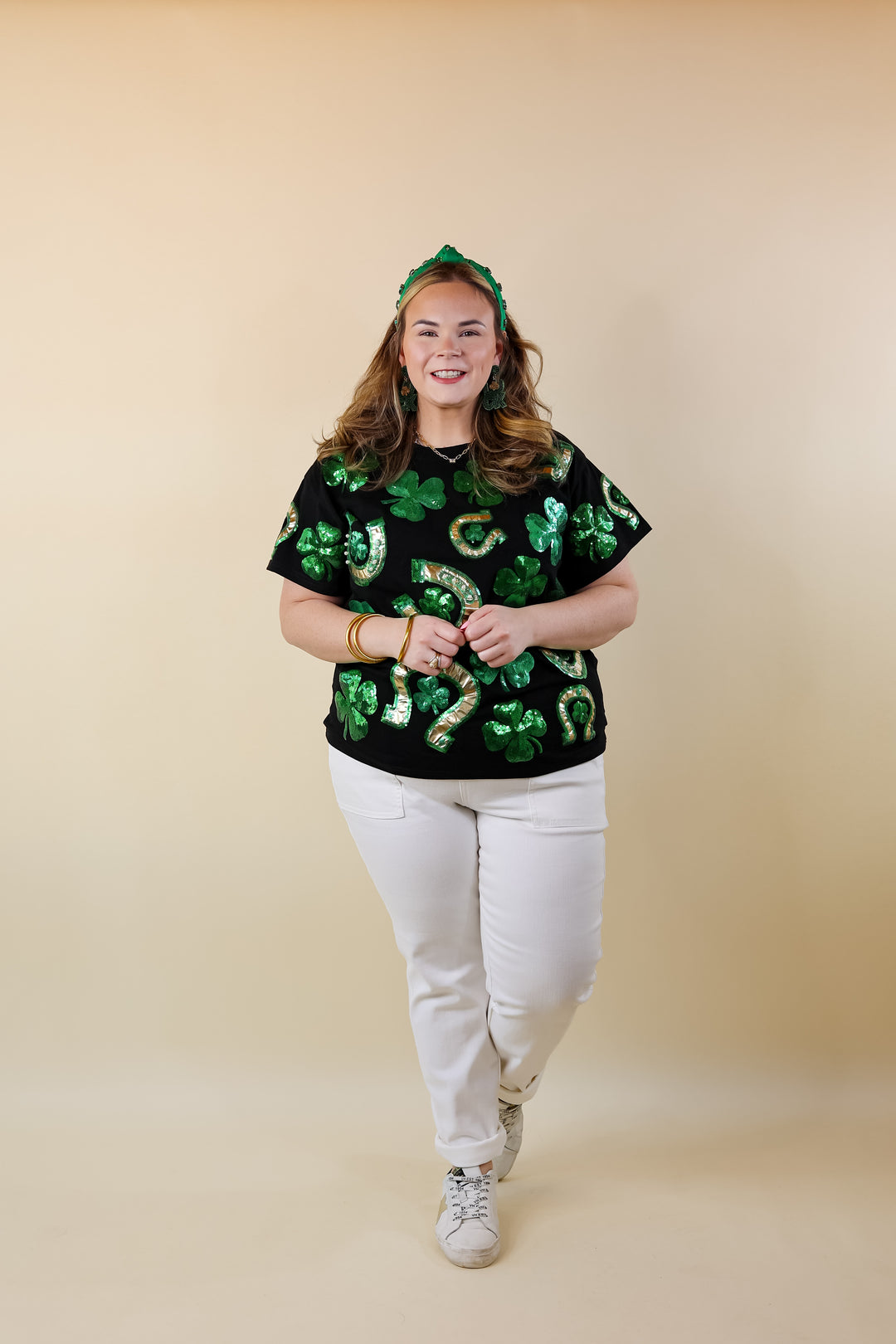 Queen Of Sparkles | Lucky Charm Fully Sequined Clover and Horseshoe Tee in Black - Giddy Up Glamour Boutique