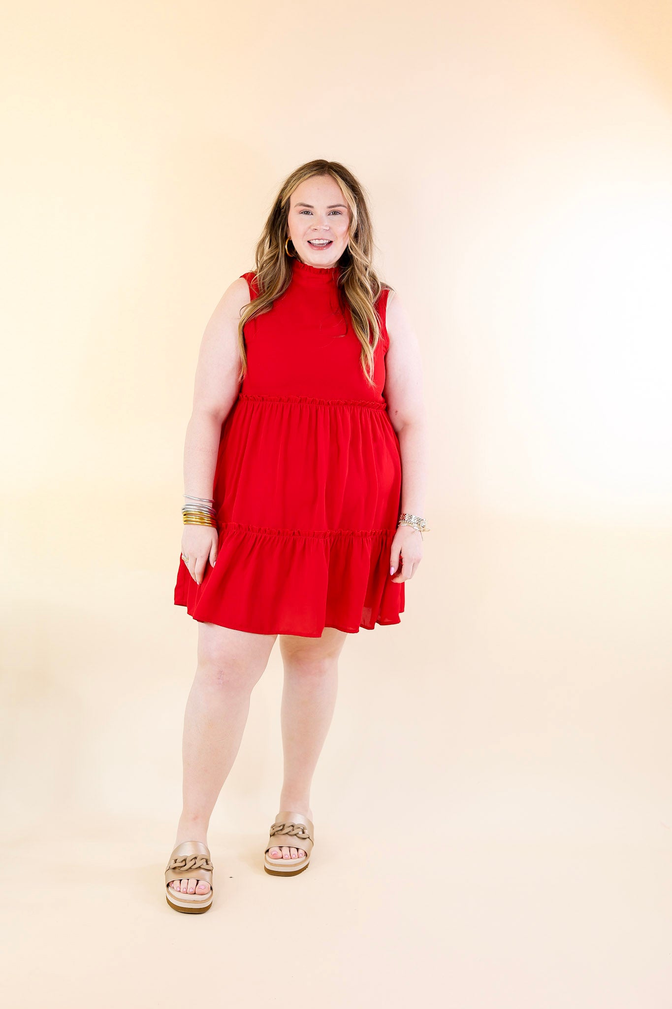 Attempt To Charm High Ruffle Neck Tank Tunic Dress in Red