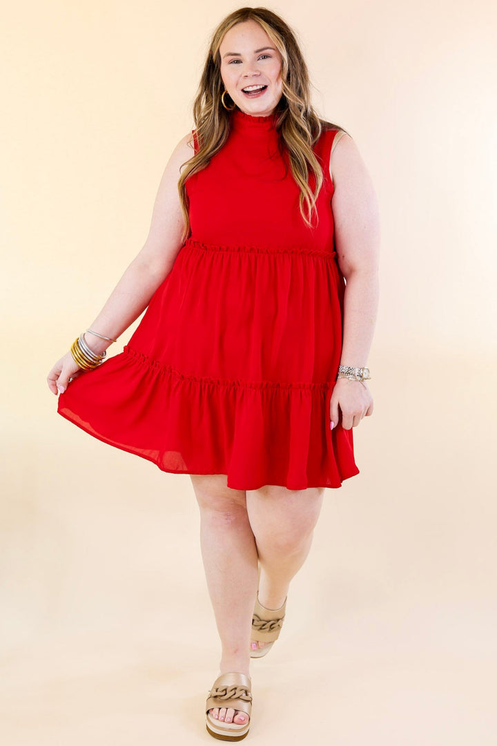 Attempt To Charm High Ruffle Neck Tank Tunic Dress in Red
