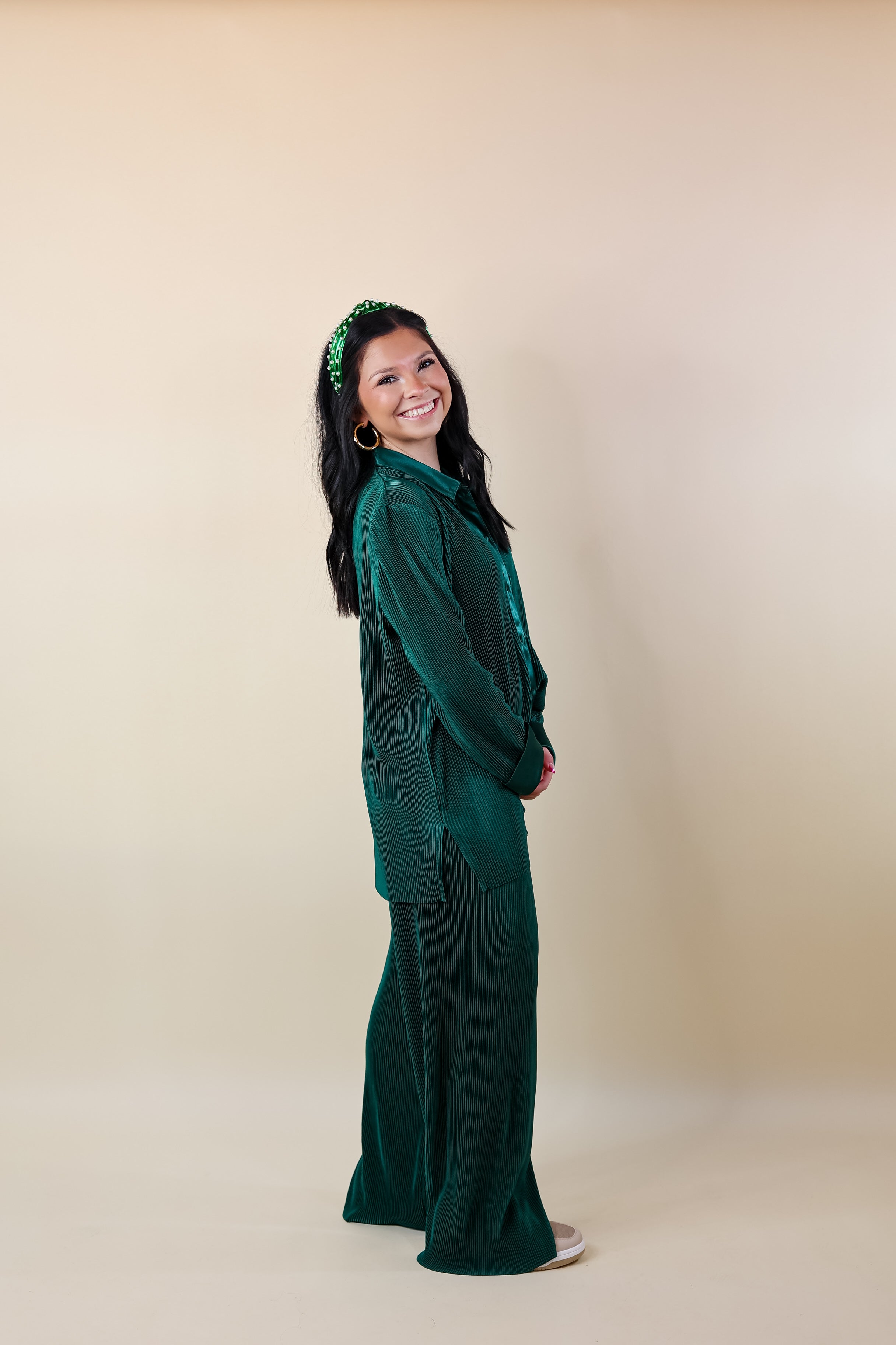 Dazzling Satin Plissé Ribbed Button Up Top in Green - Giddy Up Glamour Boutique