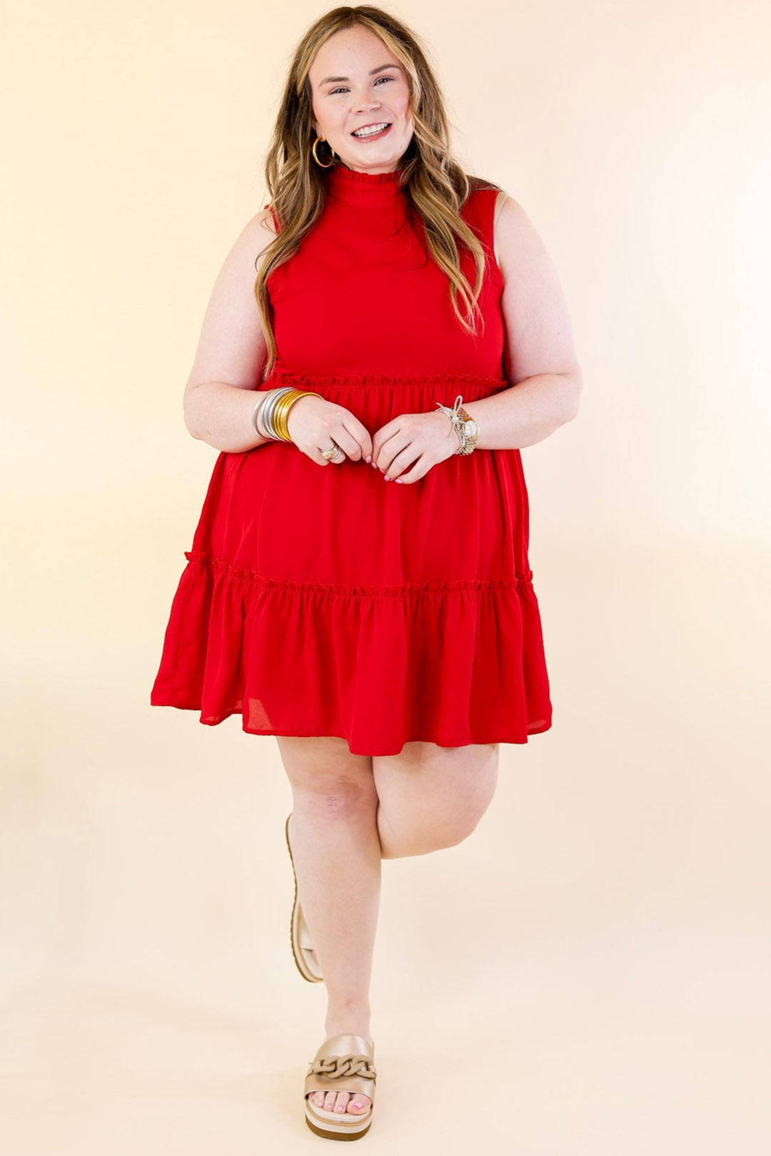 Attempt To Charm High Ruffle Neck Tank Tunic Dress in Red
