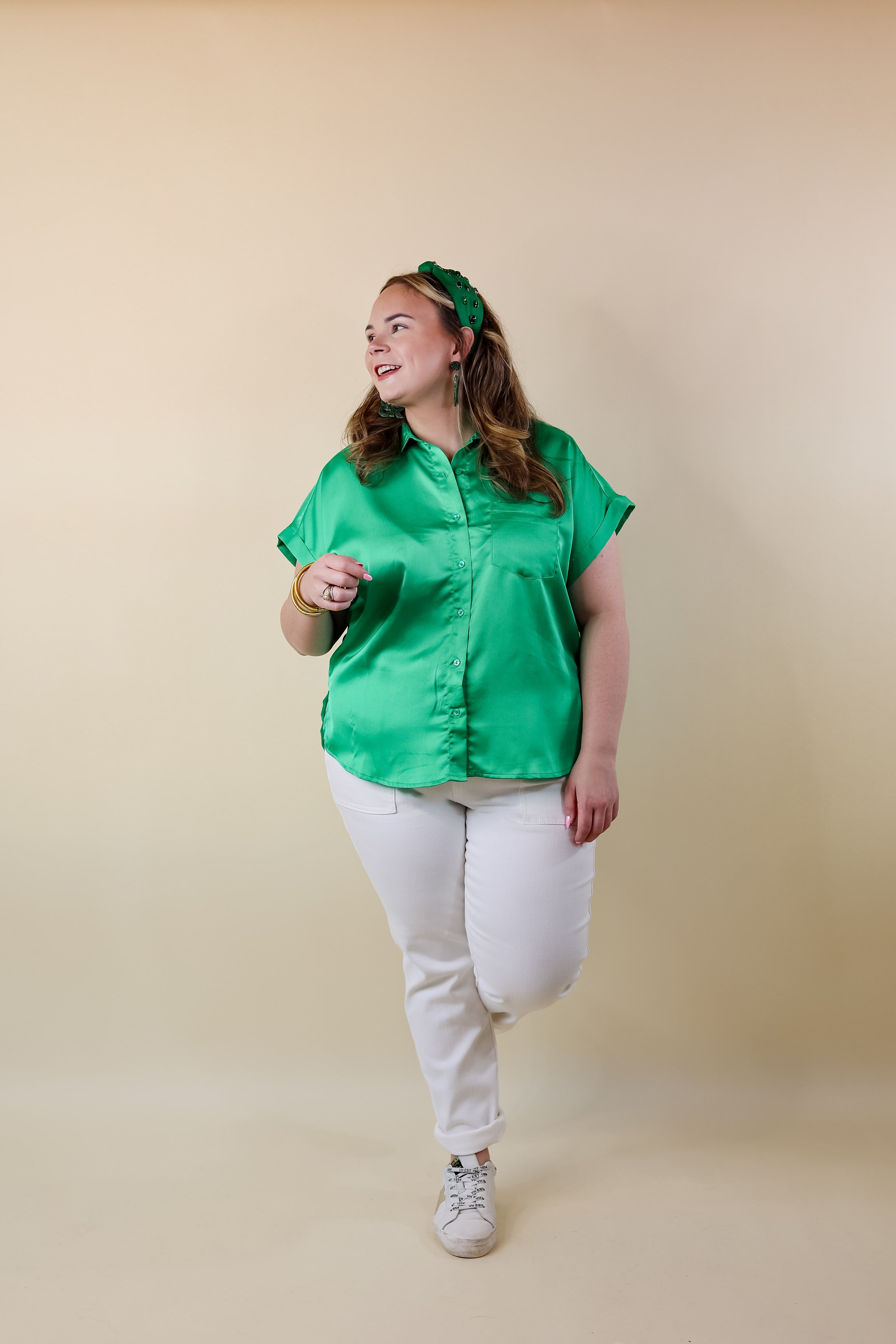 Free To Be Fab Button Up Short Sleeve Top in Green - Giddy Up Glamour Boutique