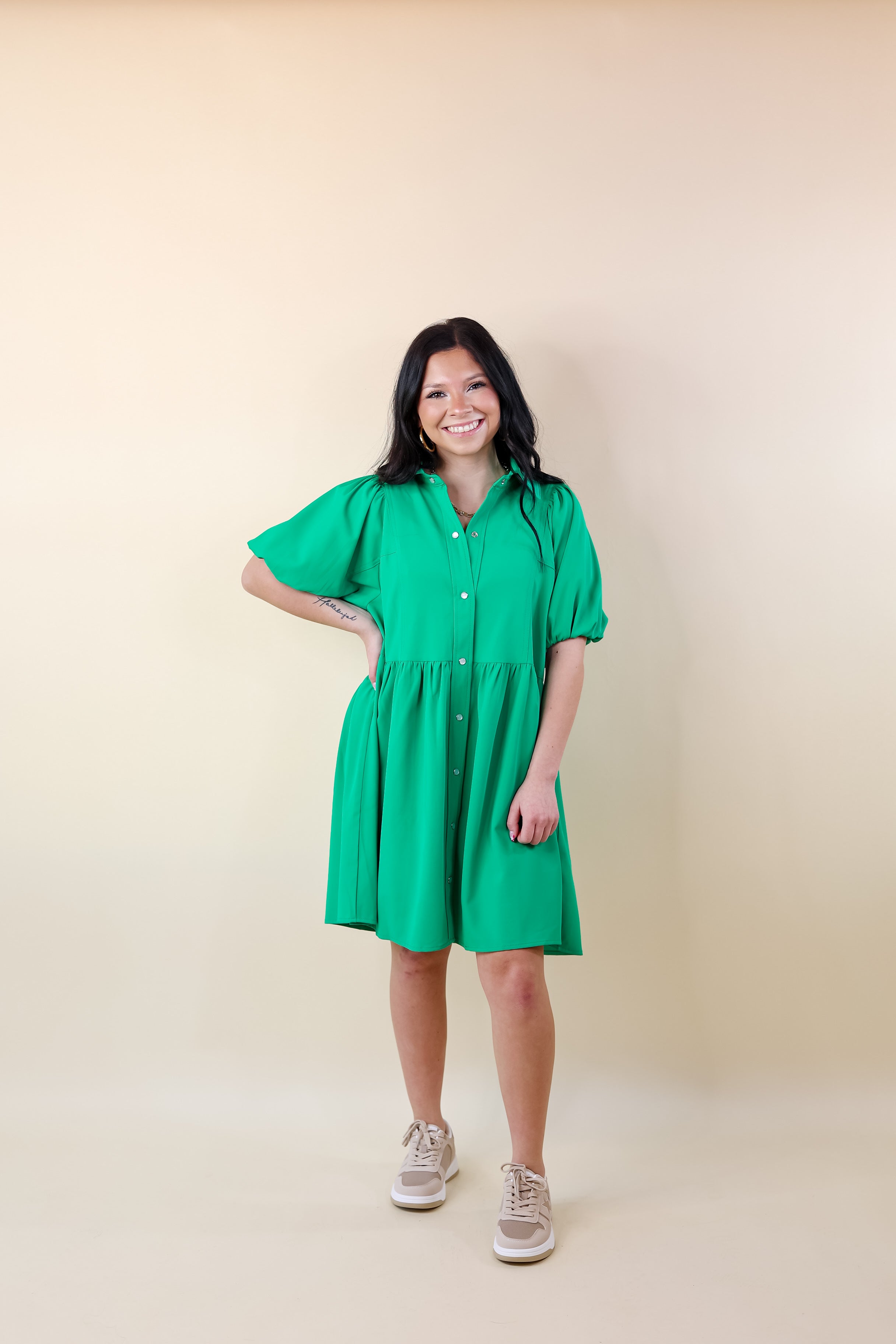Adventures Ahead Button Up Babydoll Dress in Green - Giddy Up Glamour Boutique