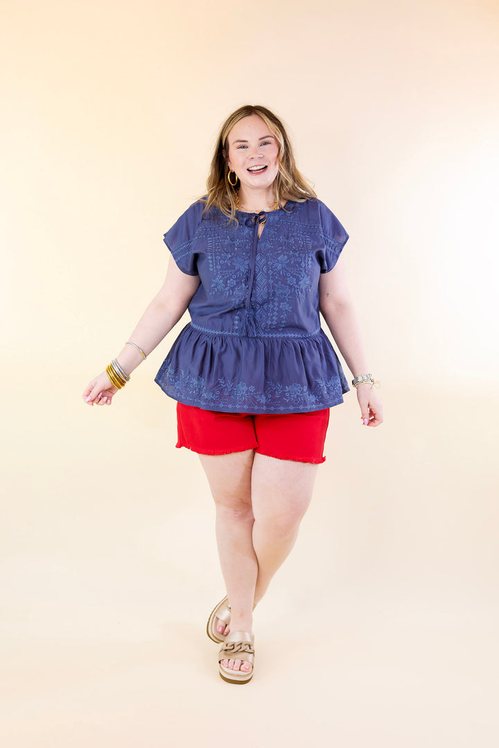 Craving Sunshine Embroidered Cap Sleeve Top with Keyhole in Navy