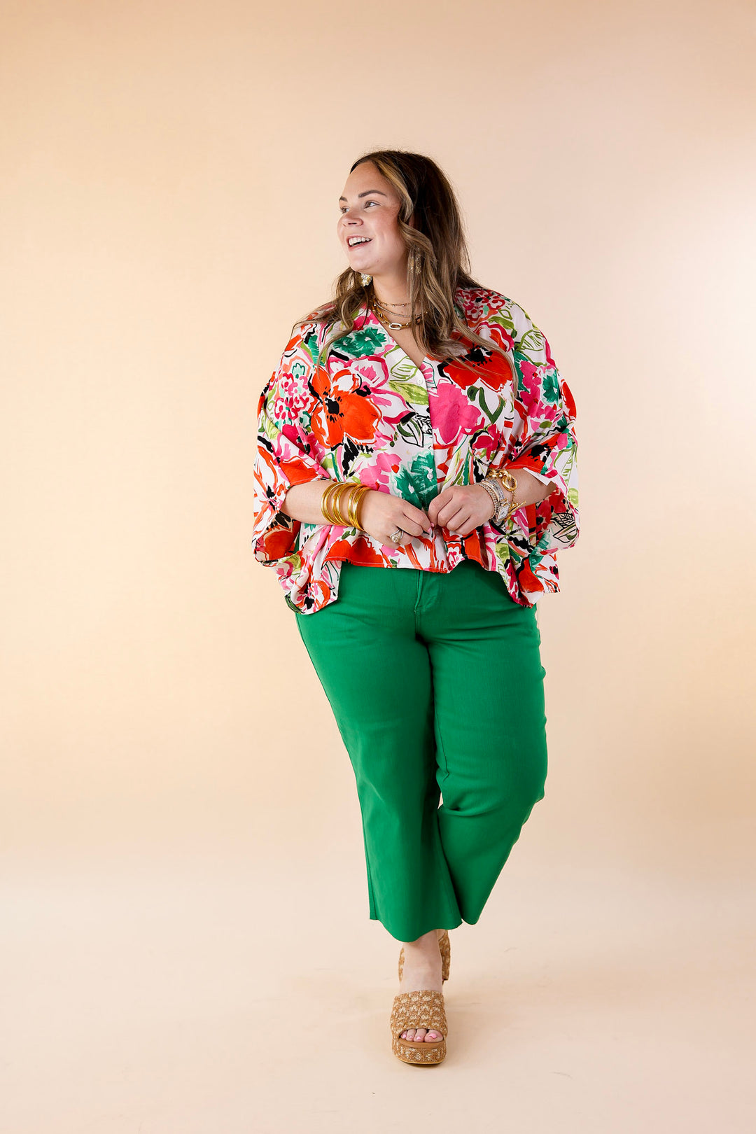 Sailing Away Floral Button Up Poncho Top in Red Mix - Giddy Up Glamour Boutique