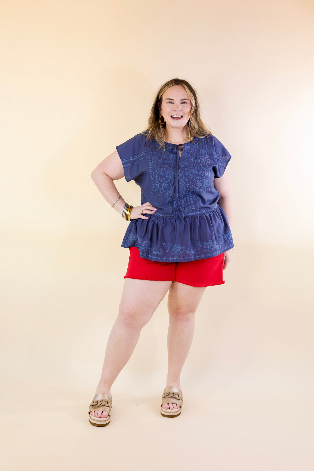 Craving Sunshine Embroidered Cap Sleeve Top with Keyhole in Navy