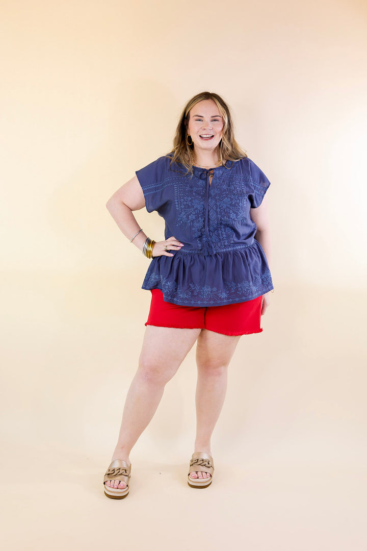 Craving Sunshine Embroidered Cap Sleeve Top with Keyhole in Navy