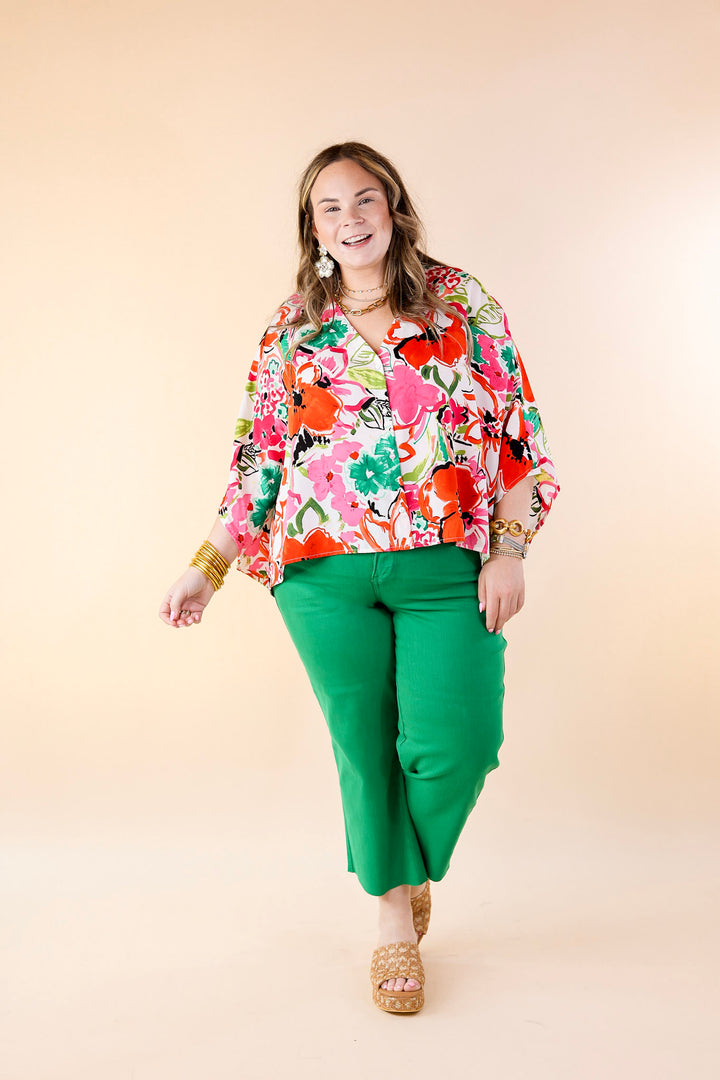 Sailing Away Floral Button Up Poncho Top in Red Mix - Giddy Up Glamour Boutique