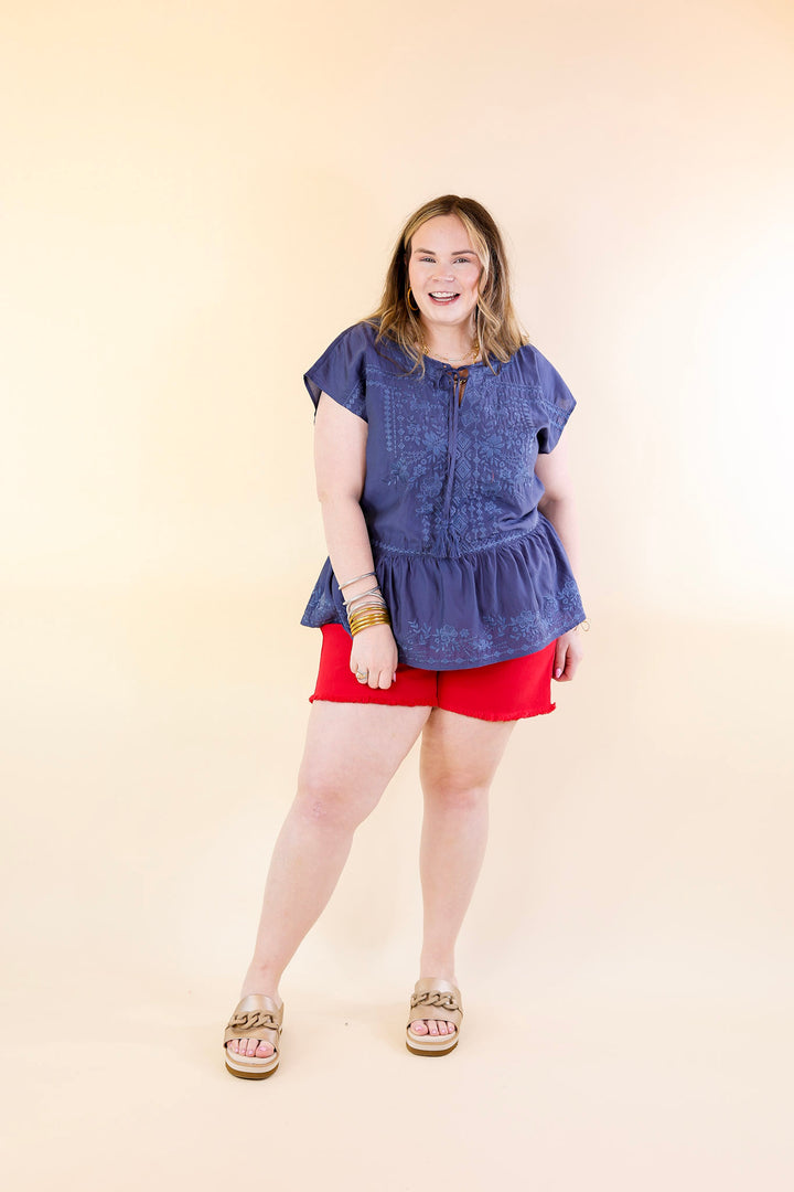 Craving Sunshine Embroidered Cap Sleeve Top with Keyhole in Navy