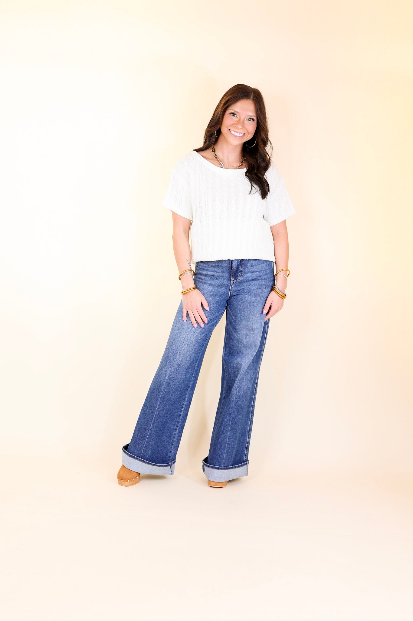 Day Date Short Sleeve Sweater with Scoop Neckline in Ivory