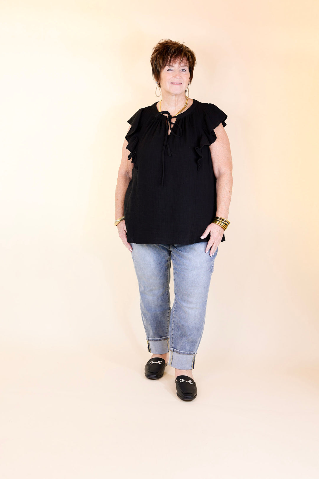 Dual Season Delight Ruffle Cap Sleeve Top with Keyhole and Tie Neckline in Black