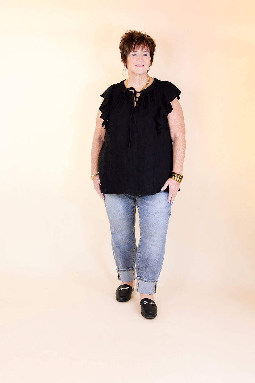 Dual Season Delight Ruffle Cap Sleeve Top with Keyhole and Tie Neckline in Black