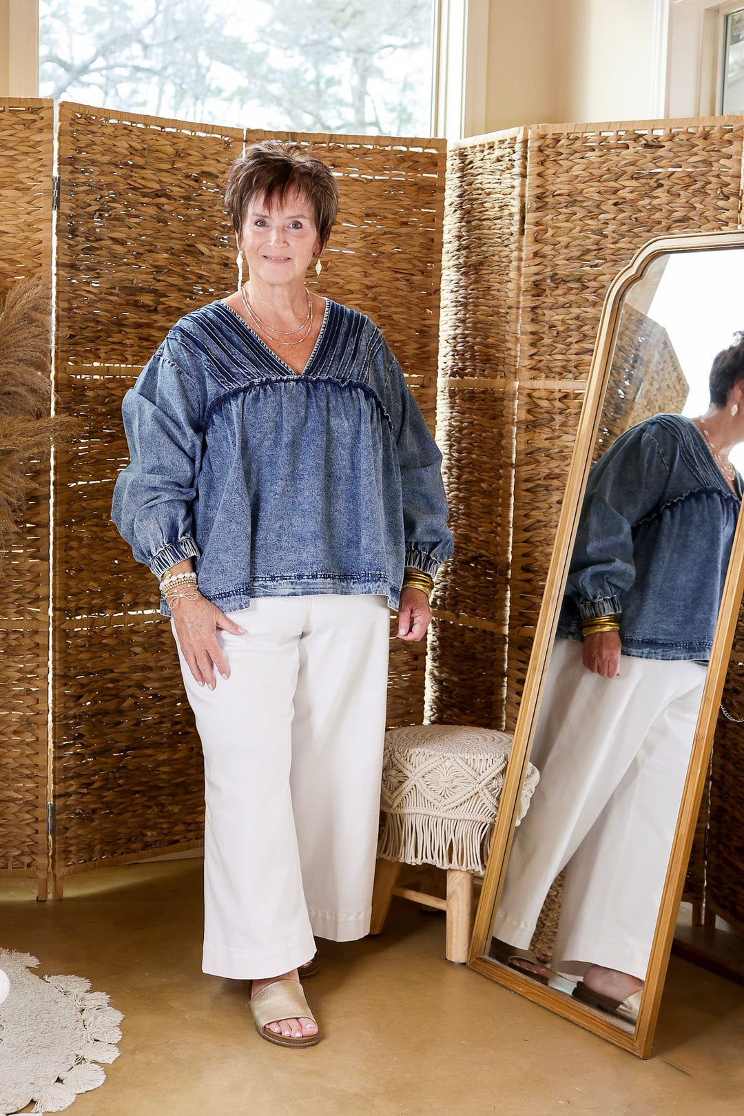 Western Soul Long Sleeve V Neck Denim Top in Medium Wash