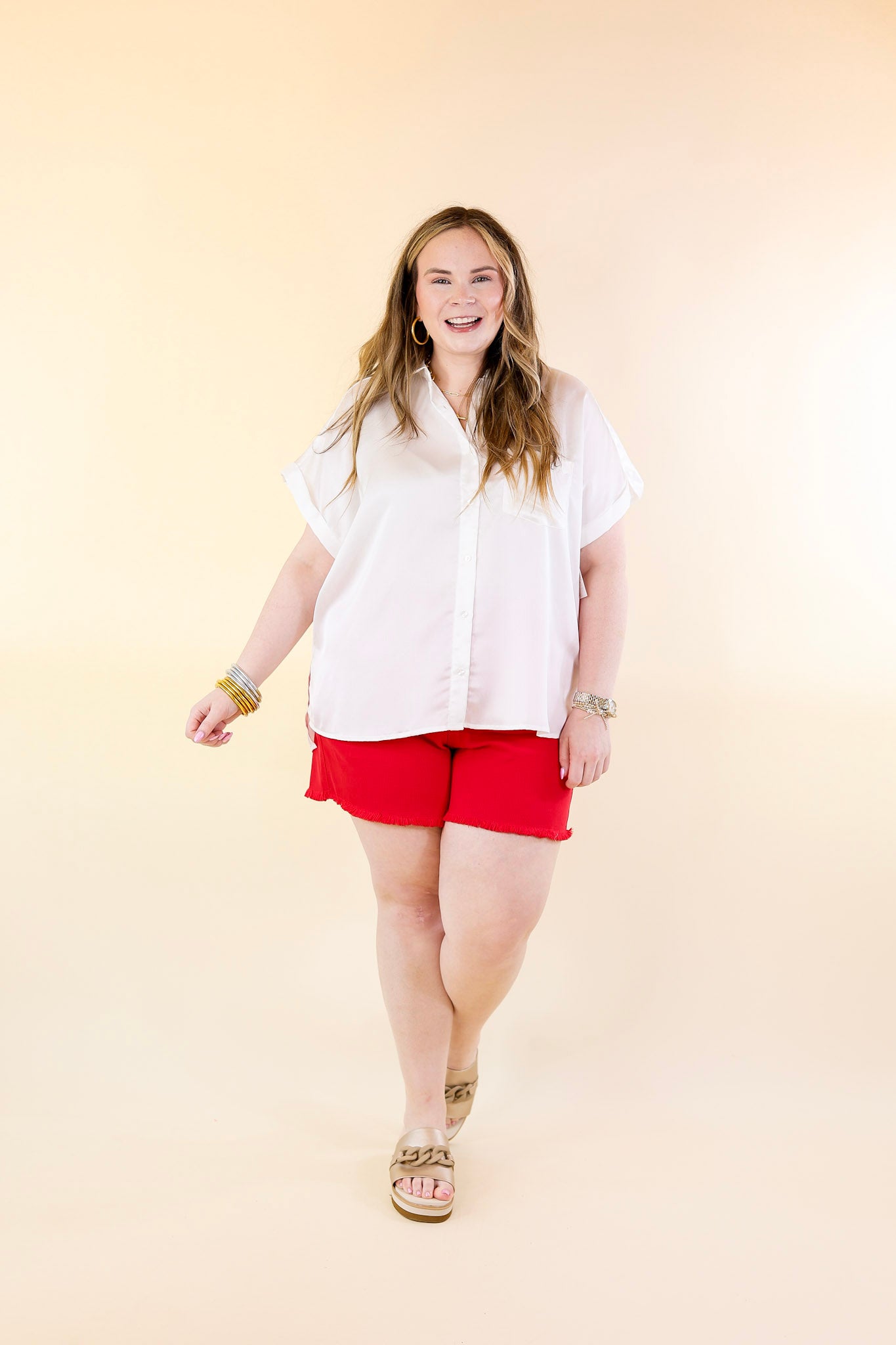 Free To Be Fab Button Up Short Sleeve Top in White