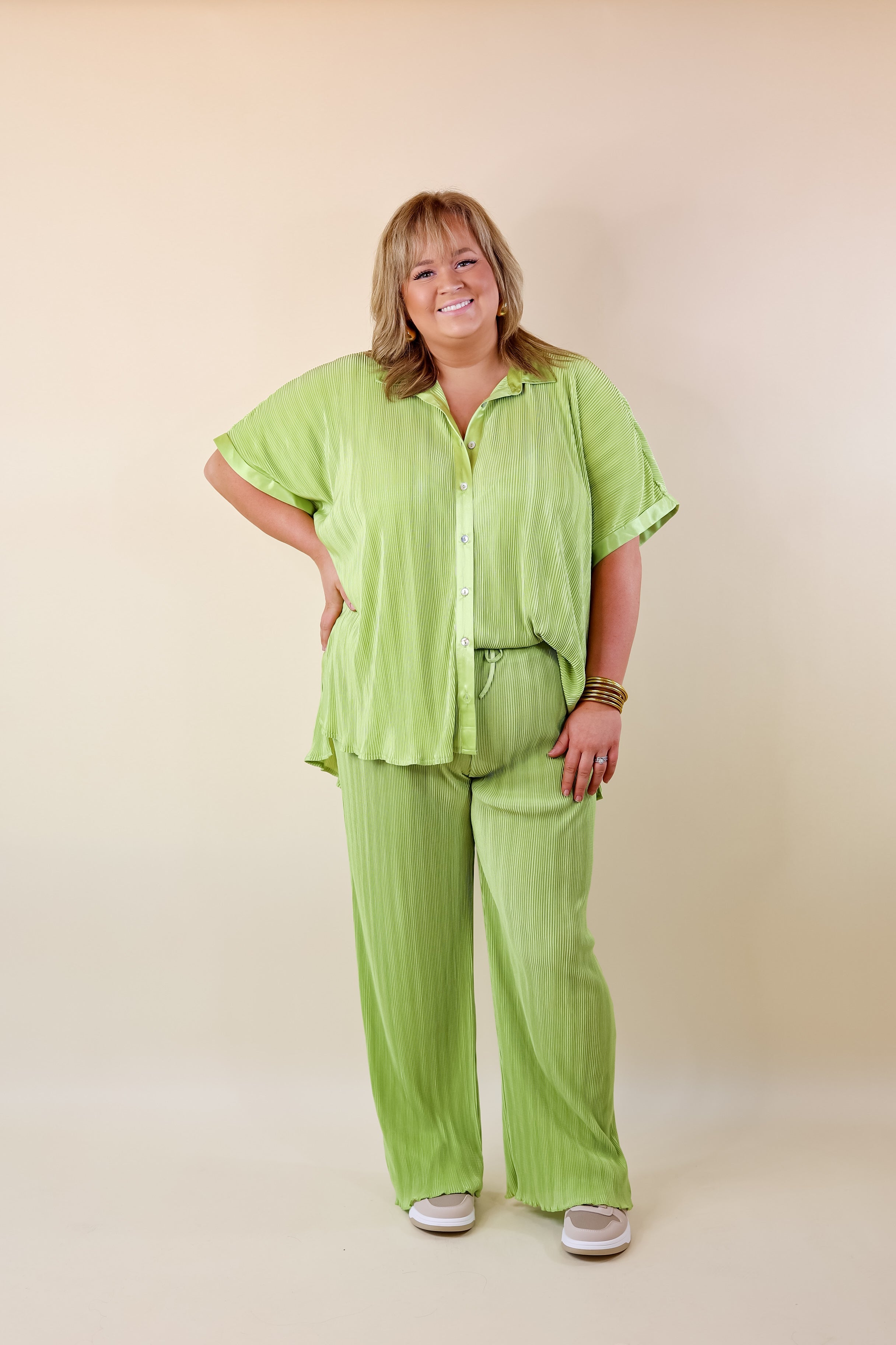 Walking In Paradise Plissé Button Up Top in Green - Giddy Up Glamour Boutique