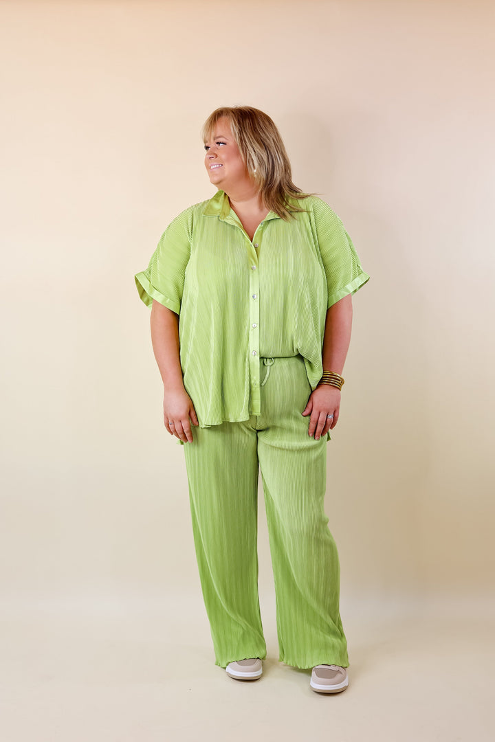 Walking In Paradise Plissé Button Up Top in Green - Giddy Up Glamour Boutique