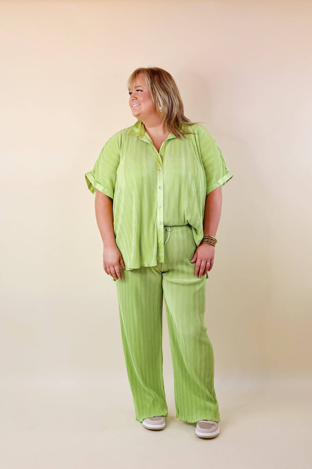 Walking In Paradise Plissé Drawstring Pants in Lime Green - Giddy Up Glamour Boutique