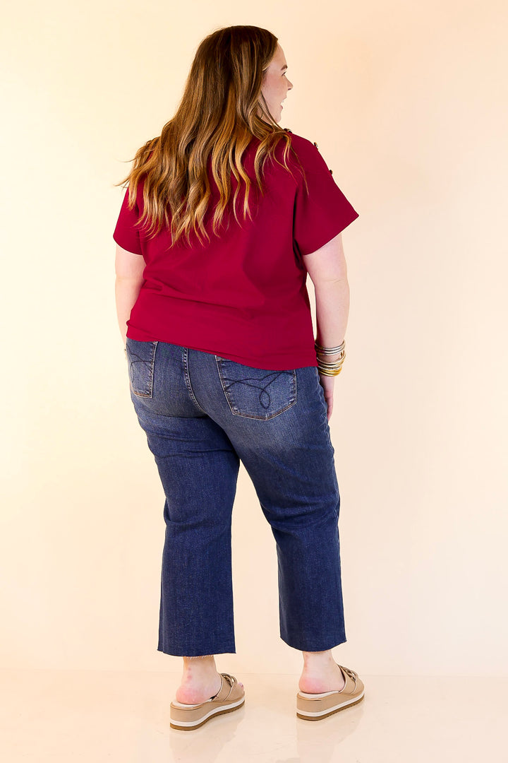 Golden Hour Glow Ribbed Crew Neck Top With Gold Button Detailing in Maroon