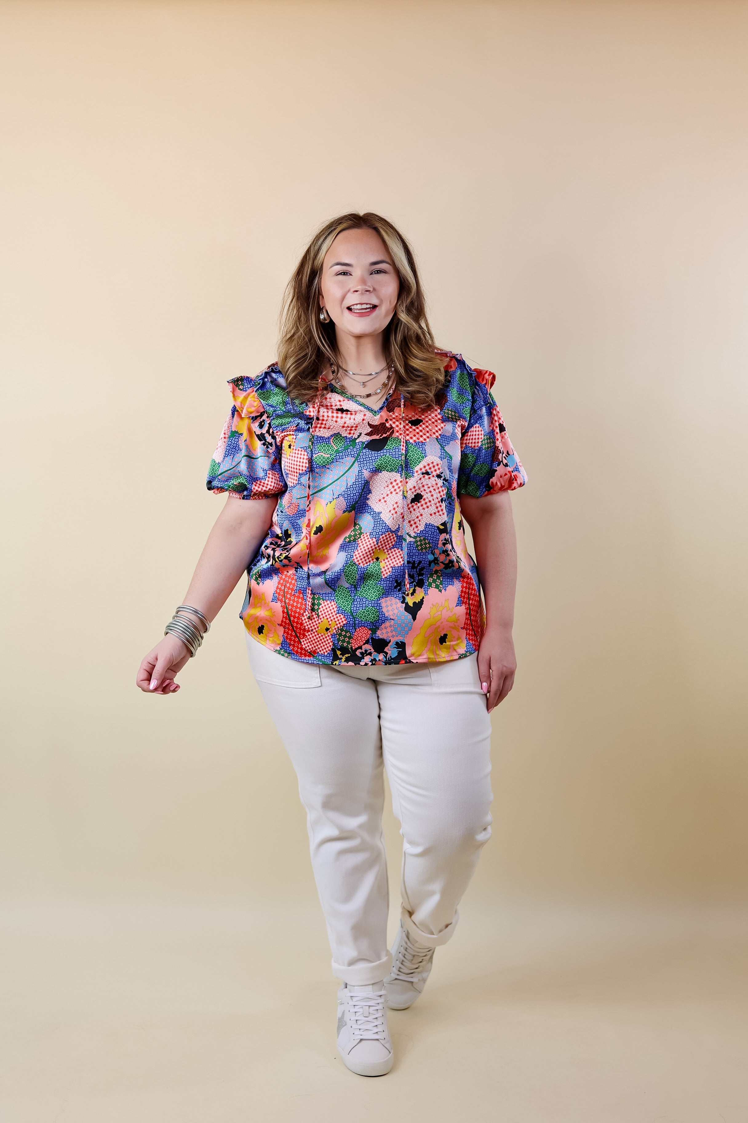 Malibu Villa Floral Print Top with Keyhole and Tie Neckline in Blue Mix - Giddy Up Glamour Boutique