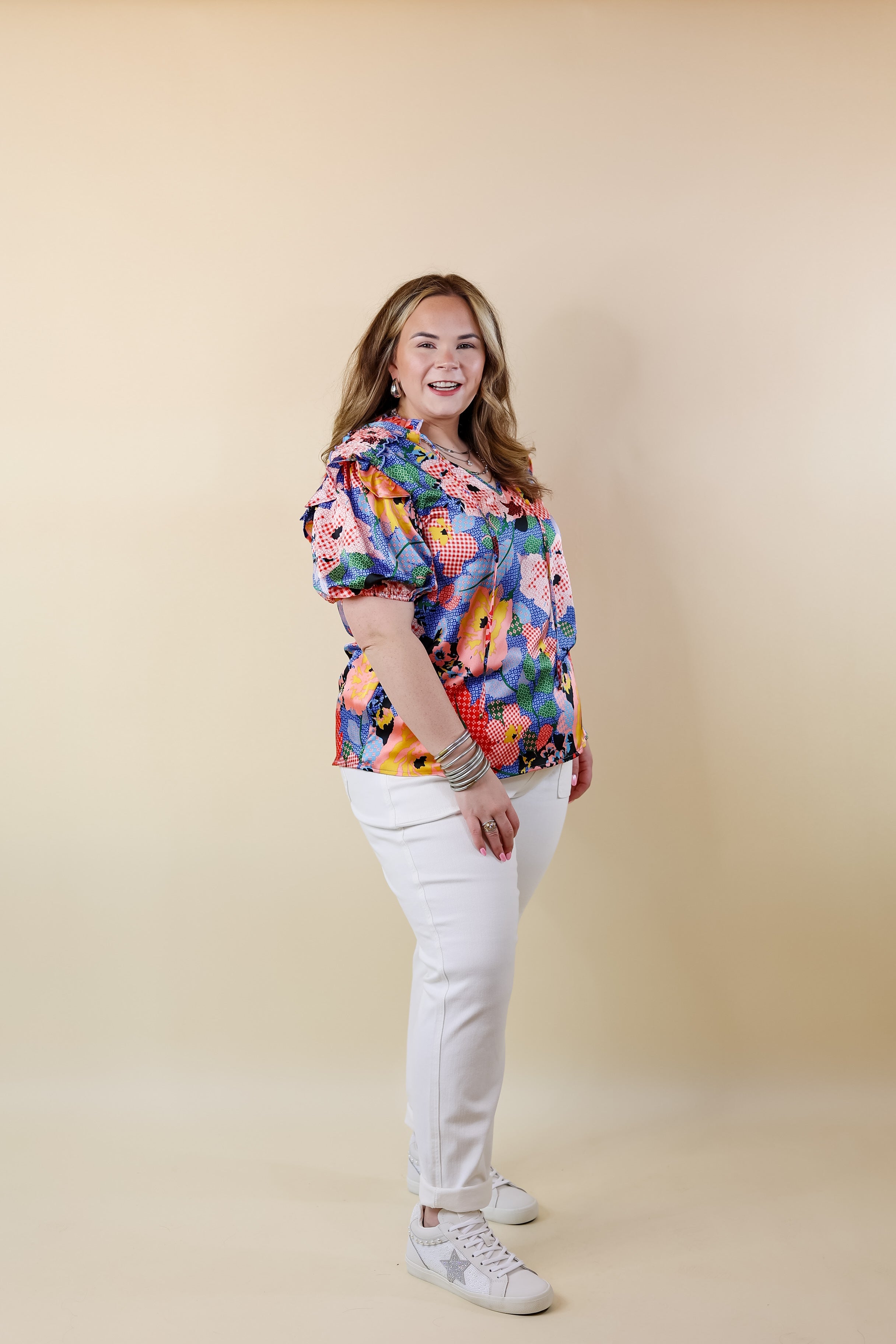 Malibu Villa Floral Print Top with Keyhole and Tie Neckline in Blue Mix - Giddy Up Glamour Boutique