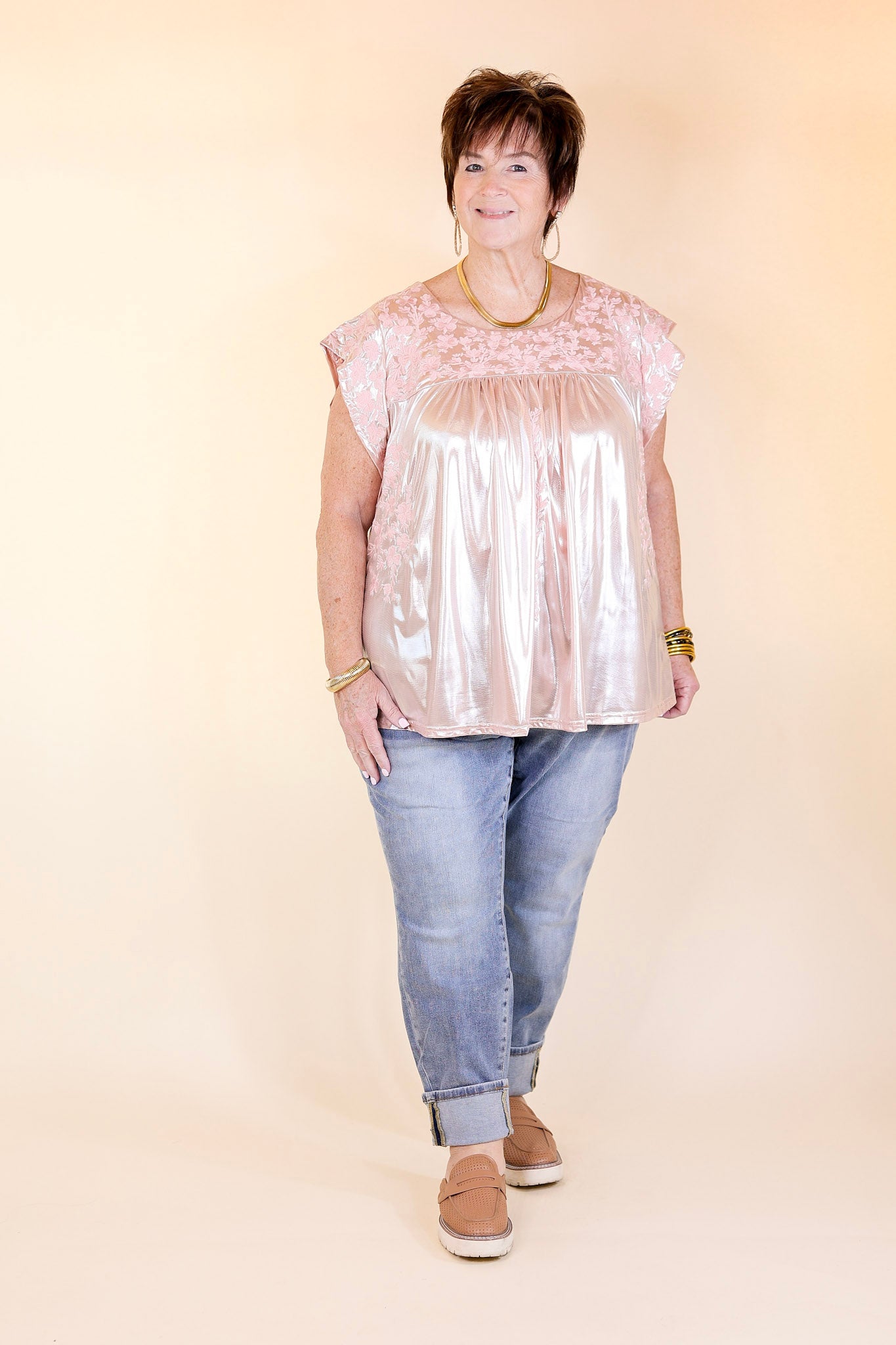 The Thrill Of It Floral Embroidered Metallic Top in Blush Pink