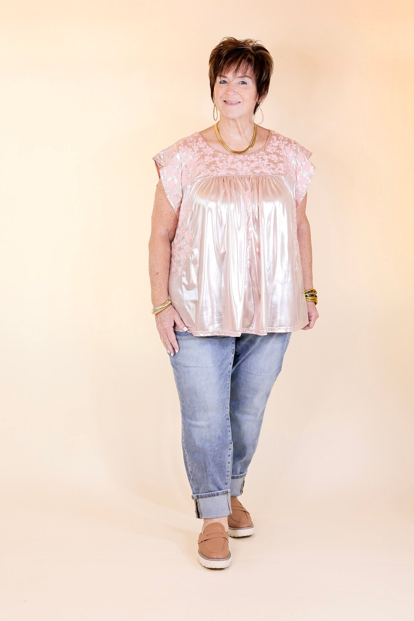 The Thrill Of It Floral Embroidered Metallic Top in Blush Pink