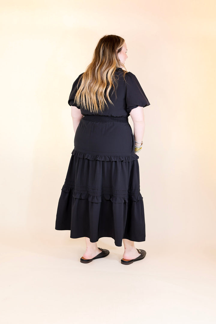 Tied With Charm Ruffle Tiered Midi Dress with Bow in Black