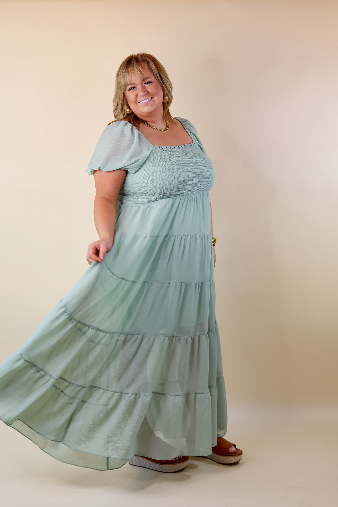 Honeysuckle Love Tiered Maxi Dress with Smocked Bodice in Sage Green - Giddy Up Glamour Boutique