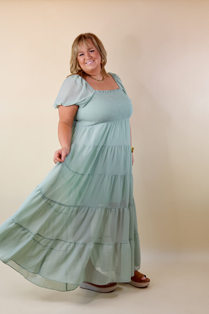 Honeysuckle Love Tiered Maxi Dress with Smocked Bodice in Sage Green - Giddy Up Glamour Boutique