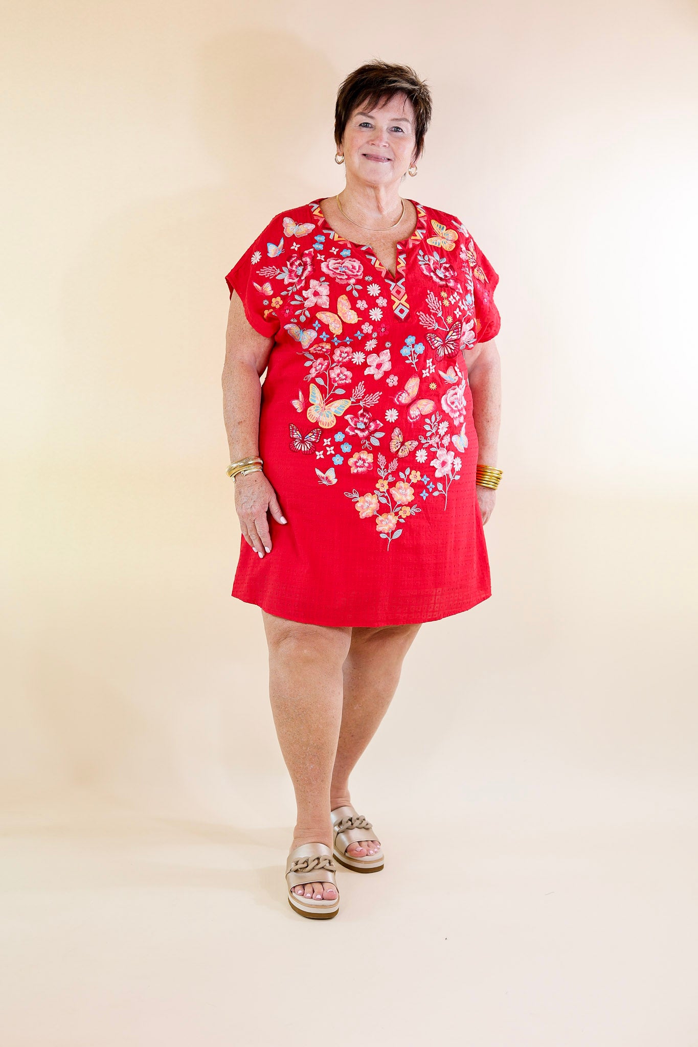 Lovely Feeling Floral Embroidered Dress with a Notched Neckline in Red