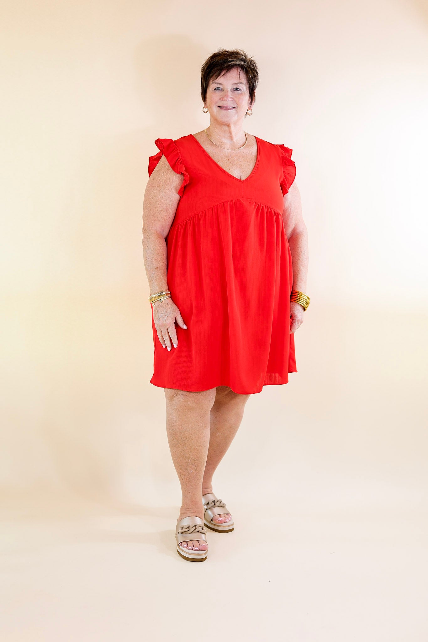 Capture Your Attention V Neck Dress with Ruffle Cap Sleeves in Red