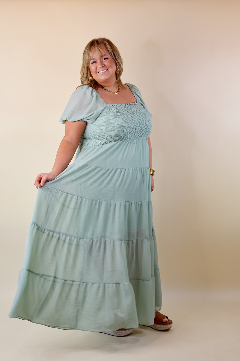 Honeysuckle Love Tiered Maxi Dress with Smocked Bodice in Sage Green - Giddy Up Glamour Boutique