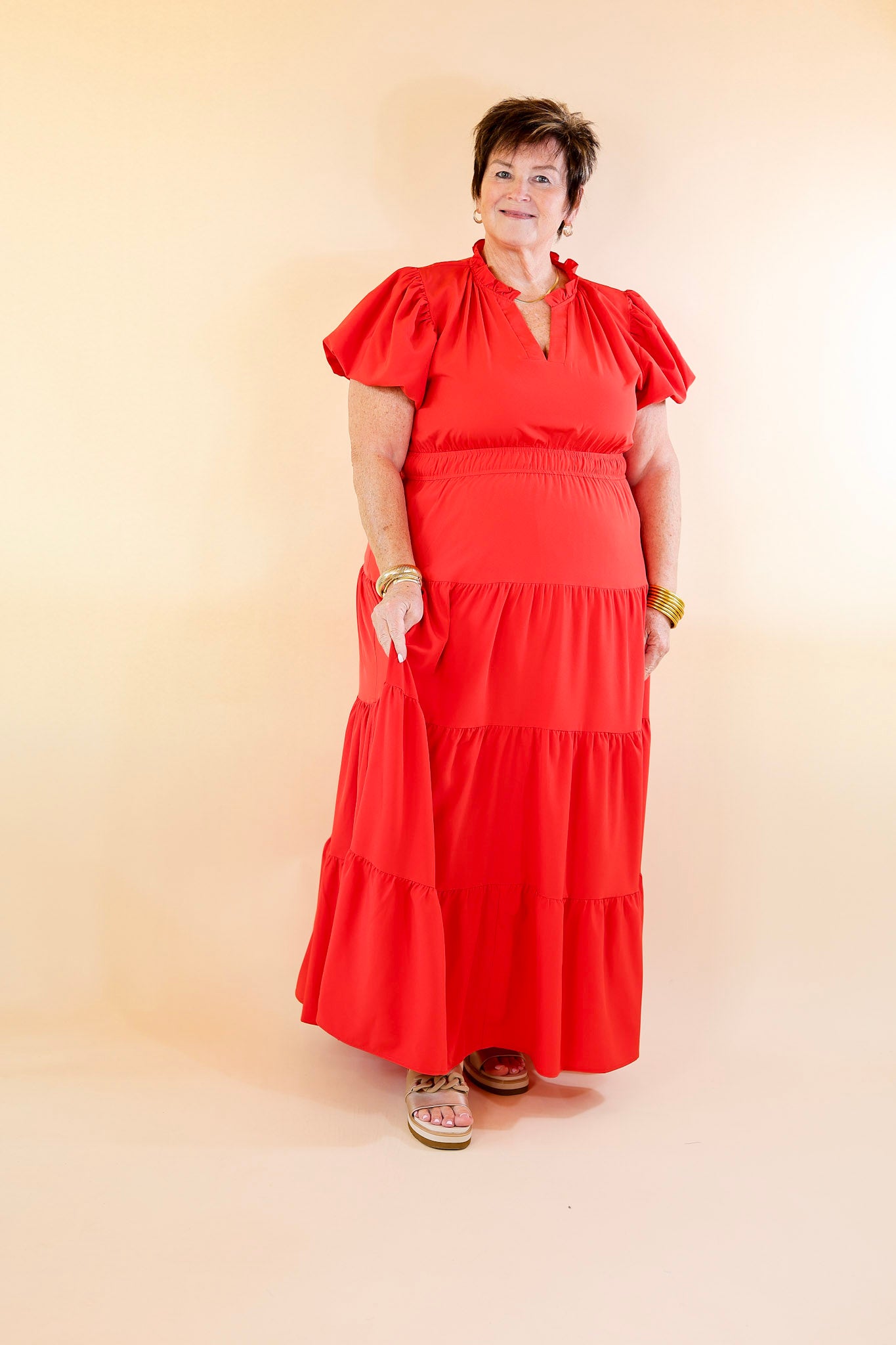 Table for Two Tiered Maxi Dress with Puff Sleeves in Red