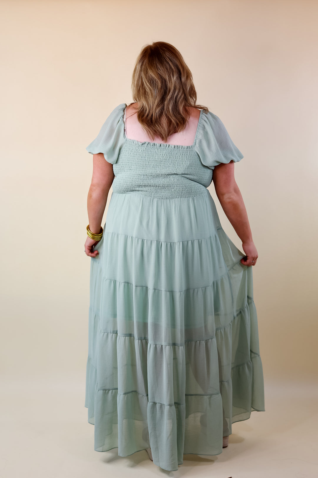 Honeysuckle Love Tiered Maxi Dress with Smocked Bodice in Sage Green - Giddy Up Glamour Boutique