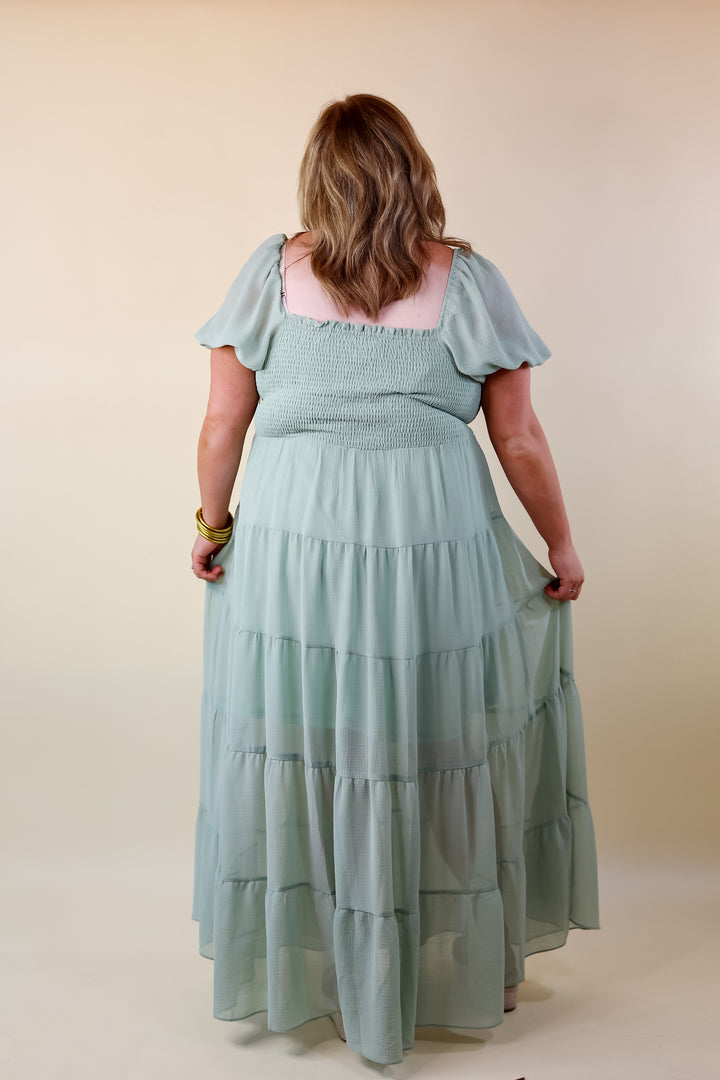 Honeysuckle Love Tiered Maxi Dress with Smocked Bodice in Sage Green - Giddy Up Glamour Boutique