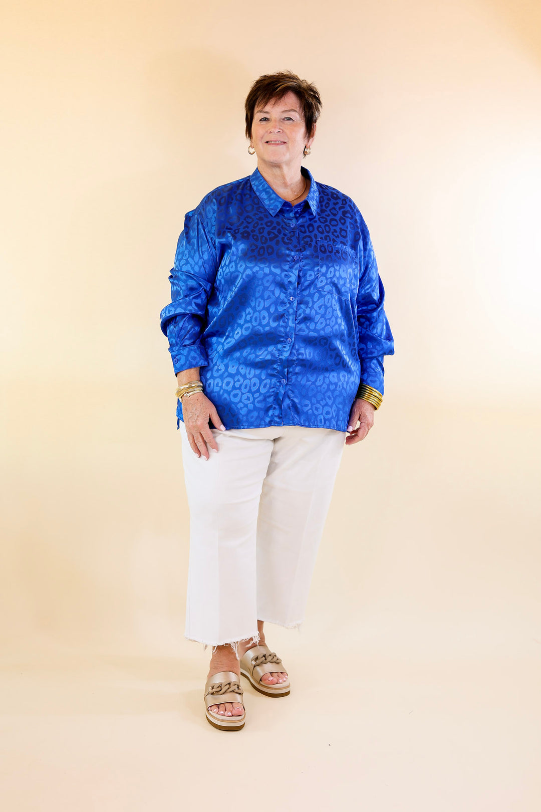 Top It Off Long Sleeve Button Up Satin Leopard Top in Blue