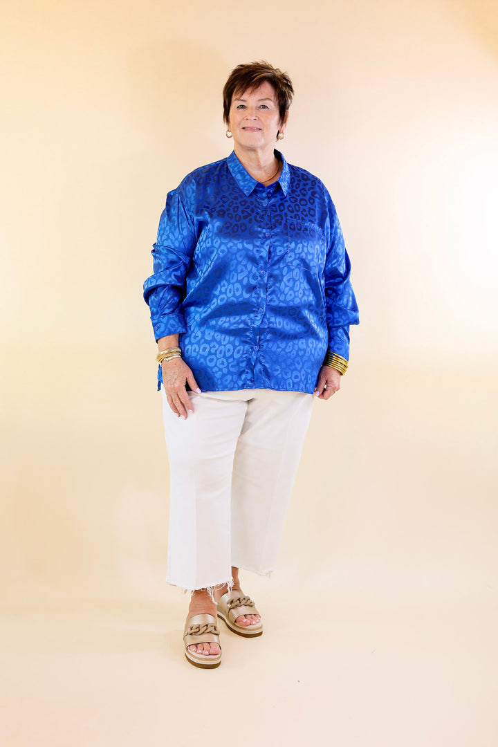 Top It Off Long Sleeve Button Up Satin Leopard Top in Blue