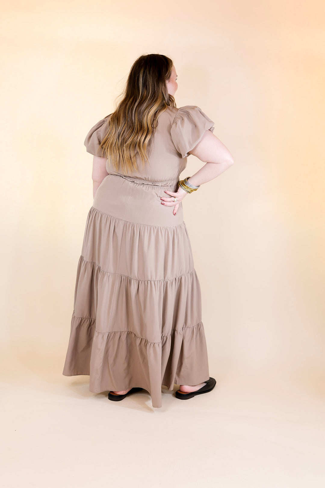 Table for Two Tiered Maxi Dress with Puff Sleeves in Light Mocha Brown