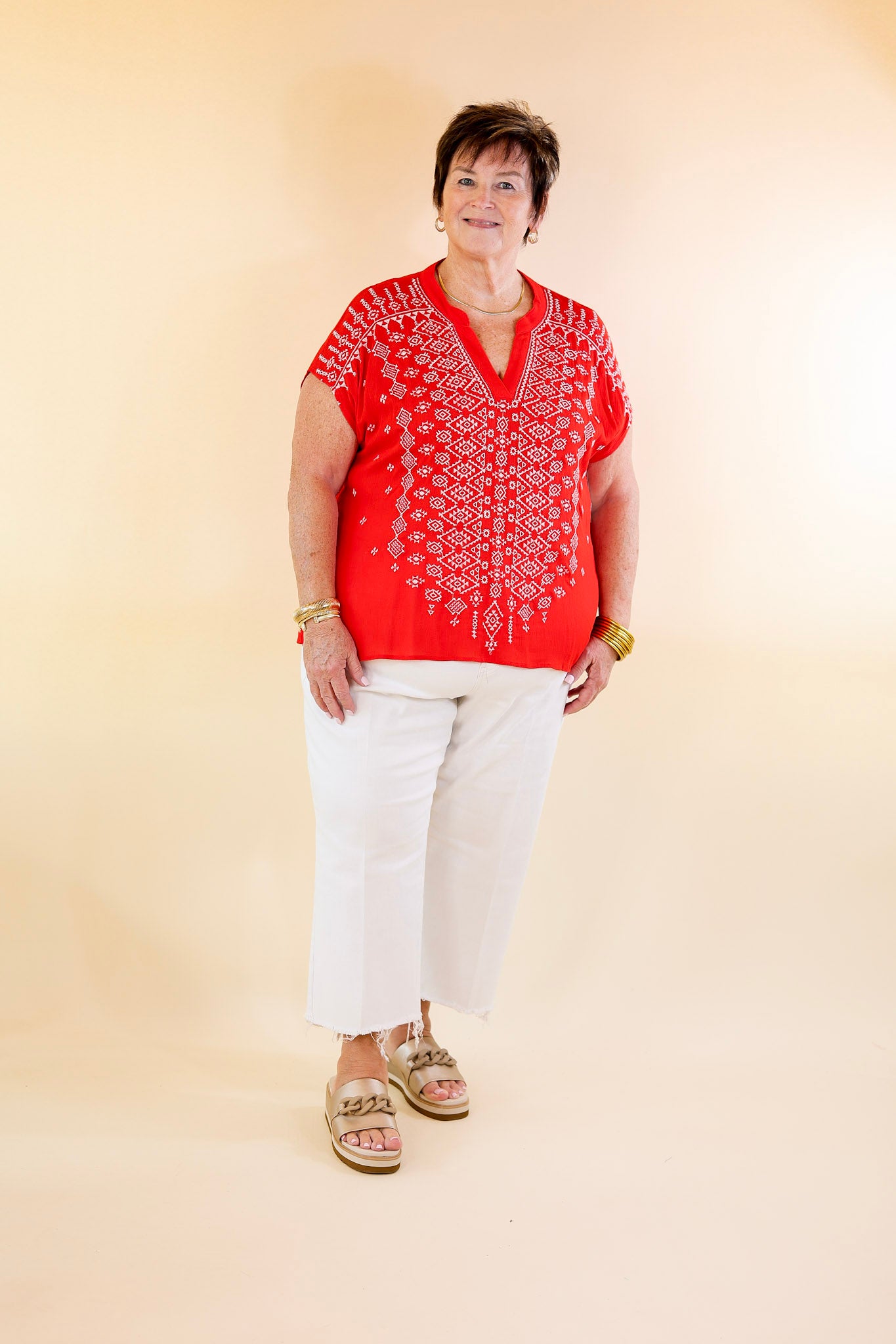 Fredericksburg Feeling Embroidered Short Sleeve Notched Neck Top in Red