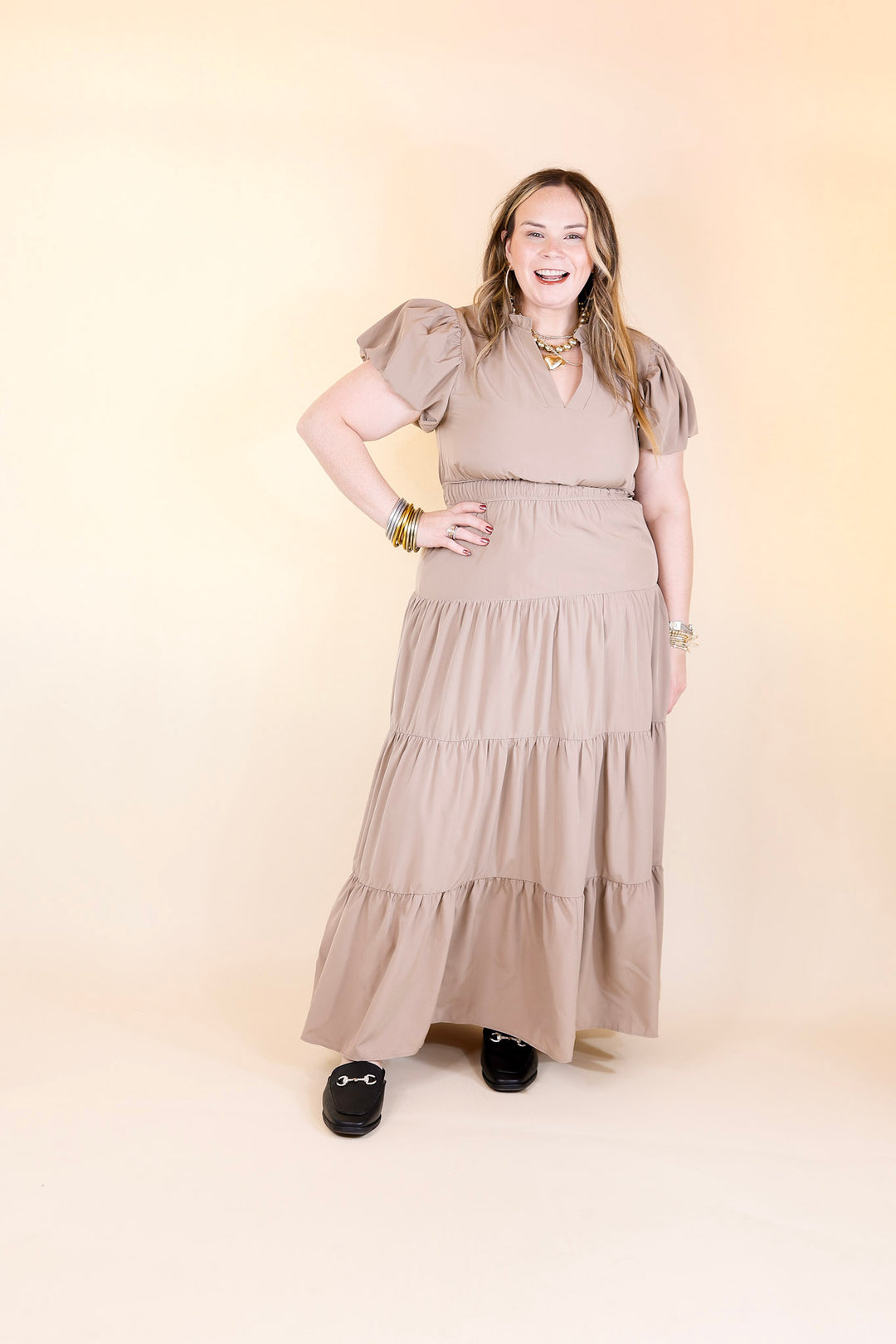 Table for Two Tiered Maxi Dress with Puff Sleeves in Light Mocha Brown