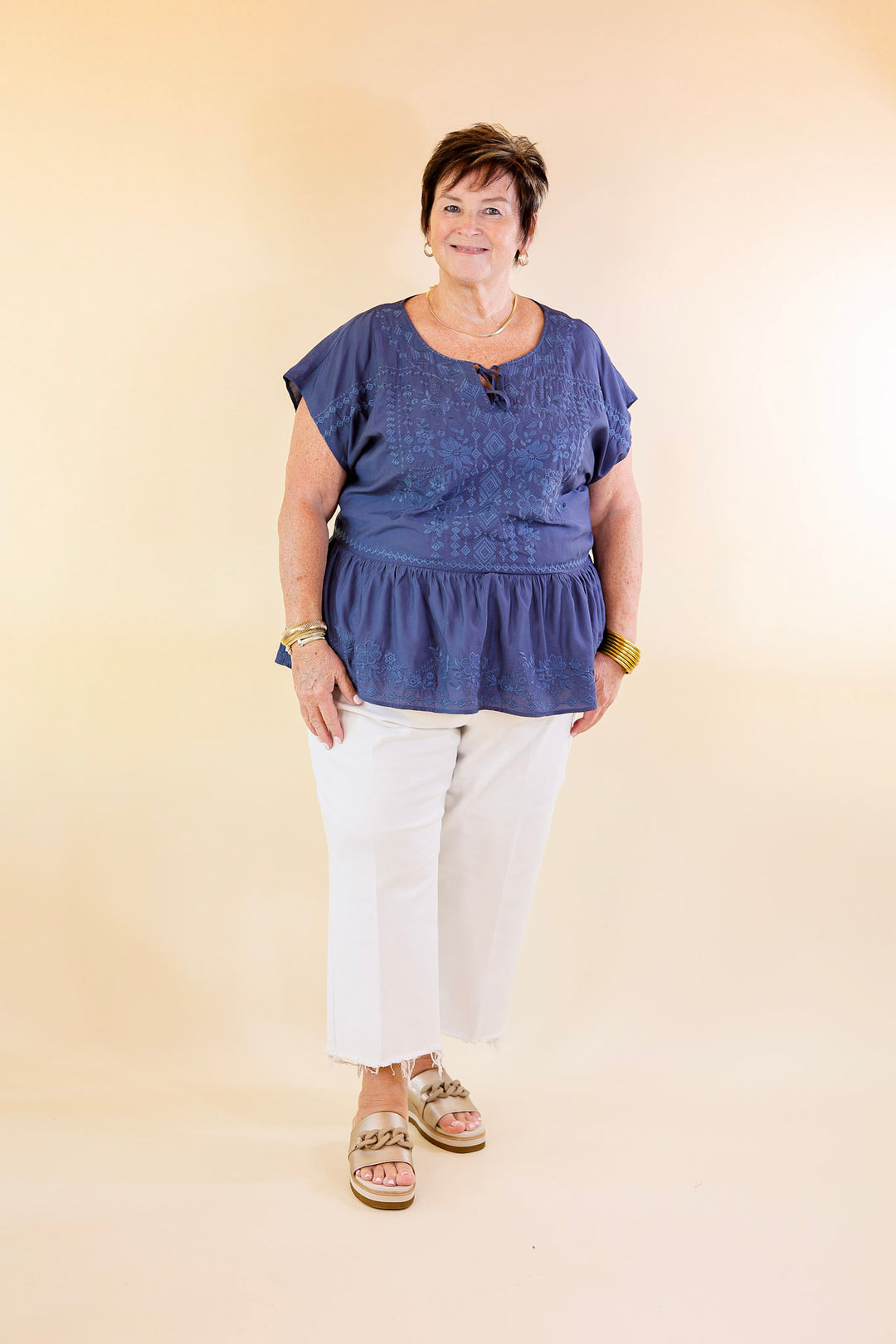 Craving Sunshine Embroidered Cap Sleeve Top with Keyhole in Navy