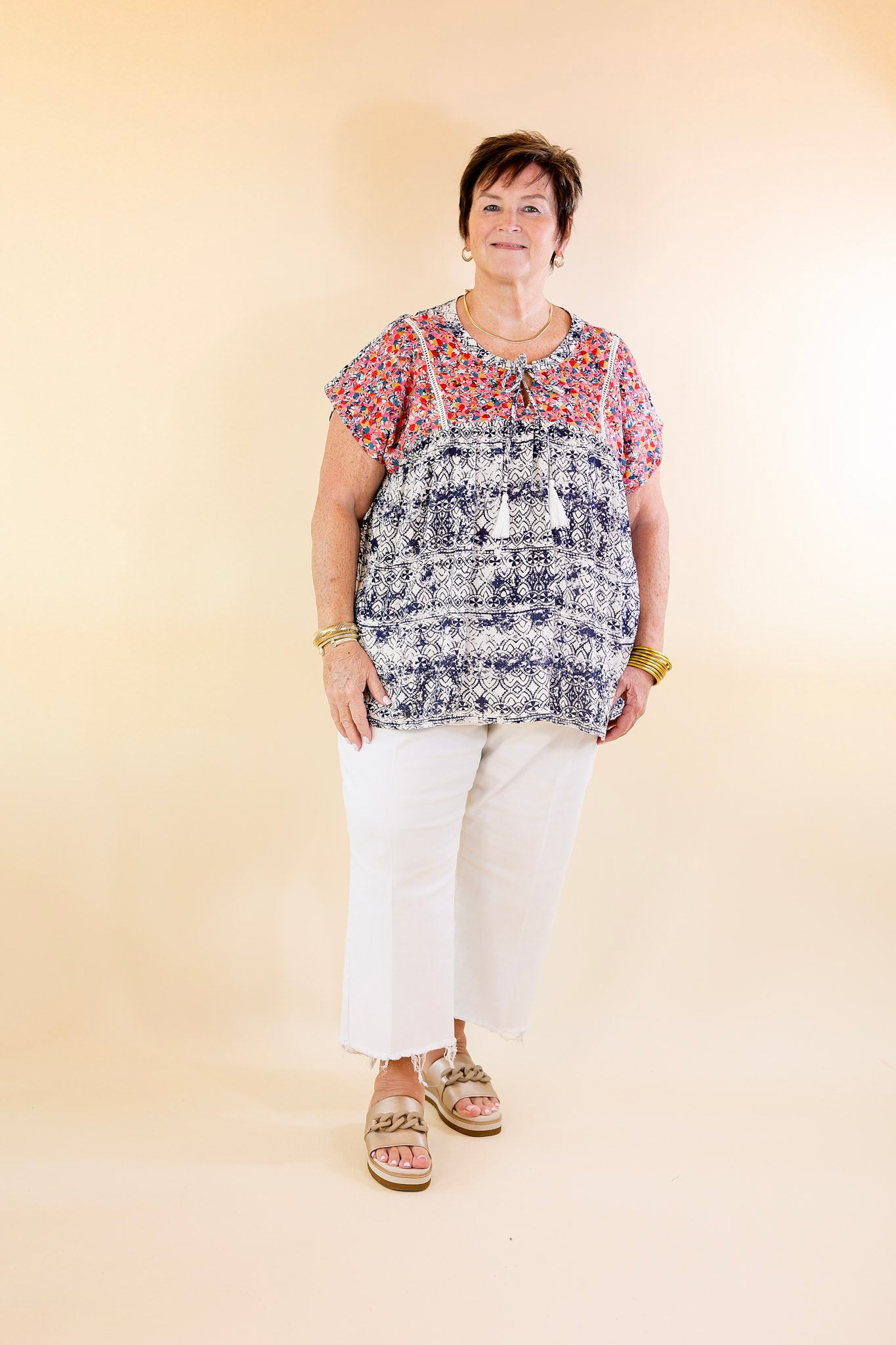 Fredericksburg In the Spring Embroidered Top with Front Keyhole in Ivory and Navy